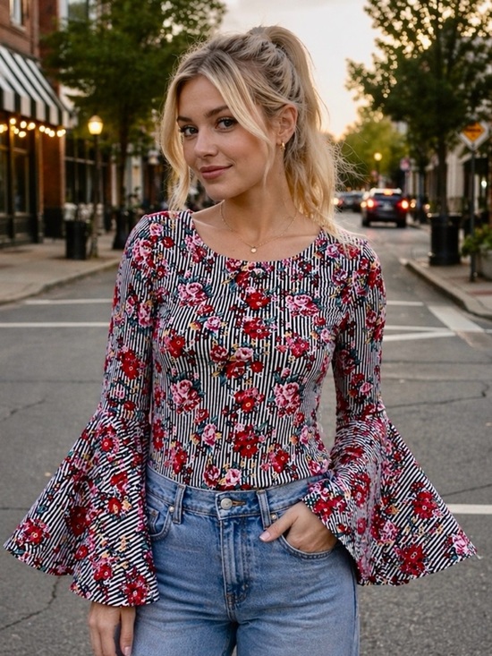 Hot Kiss Tops - Hot Kiss Floral Fitted Sweetheart Neck Double Ruffled Bell 1/4 Long Sleeves S